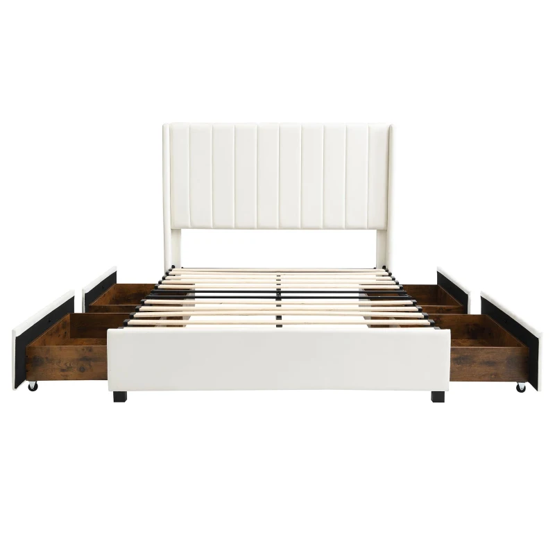 Upholstered Double Bed with Soft Padded Headboard, Practical Storage Bed with Smooth Castors, 200L x 142W x 118.5H cm, Beige