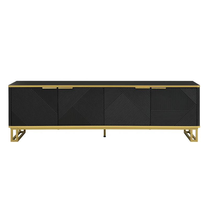 Modern TV Cabinet with 4 Geometric Embossed Doors and Open Top Shelf, Spacious TV Stand with Hidden Storage, 160L x 37.5W x 48H cm, Black
