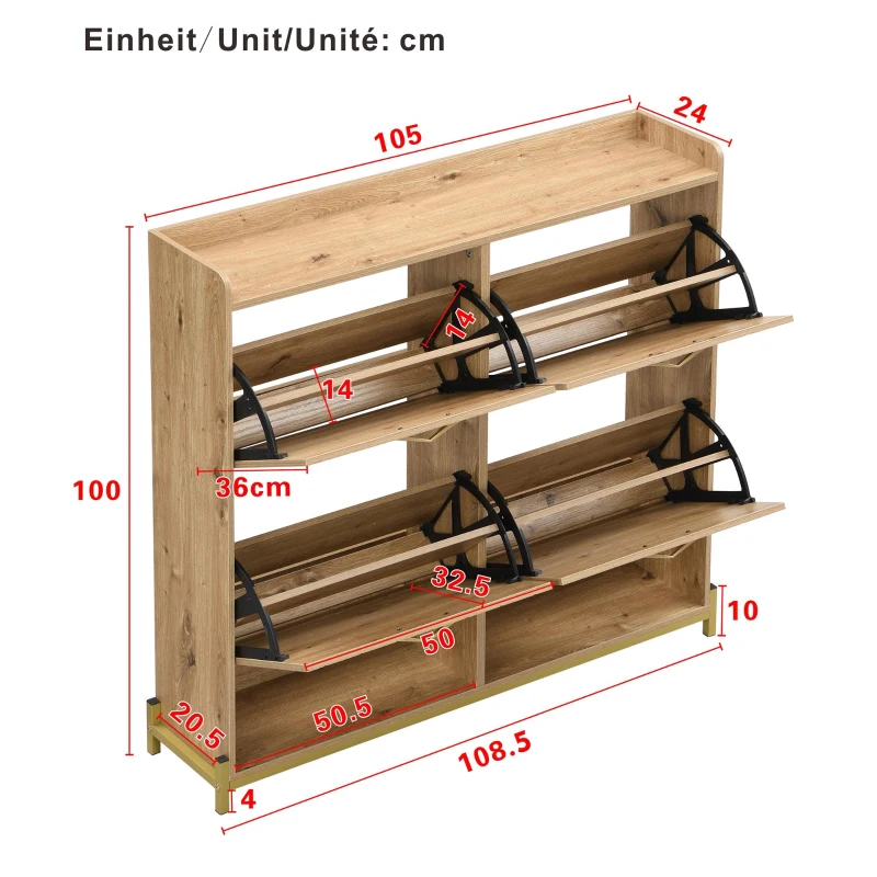 Modern Shoe Cabinet with Space-Saving 4-Door Design, Sturdy Storage Cabinet with Metal Frame and Top Shelf, 108.5L x 24W x 100H cm, Natural