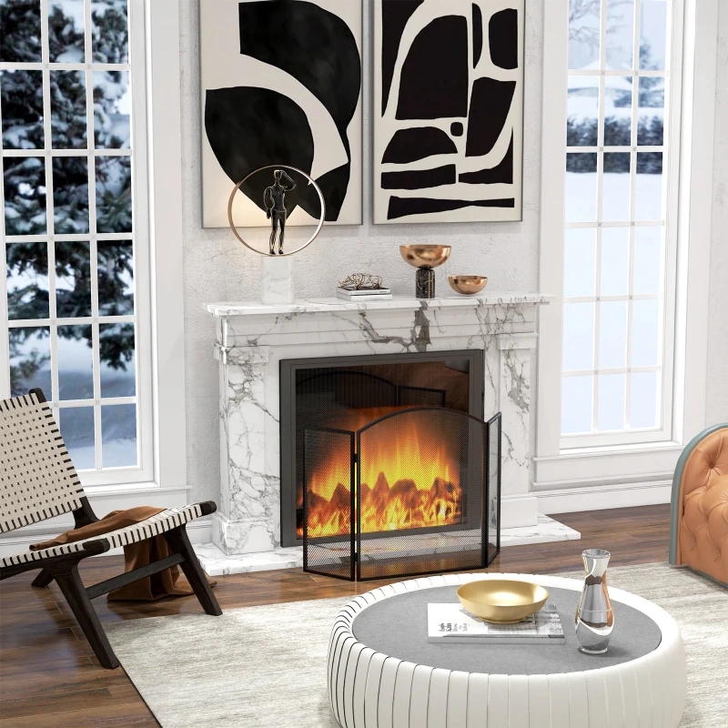 HOMCOM Protector de Chimenea Plegable de 3 Paneles Pantalla de Chimenea con Estructura de Acero 96x62 cm Negro