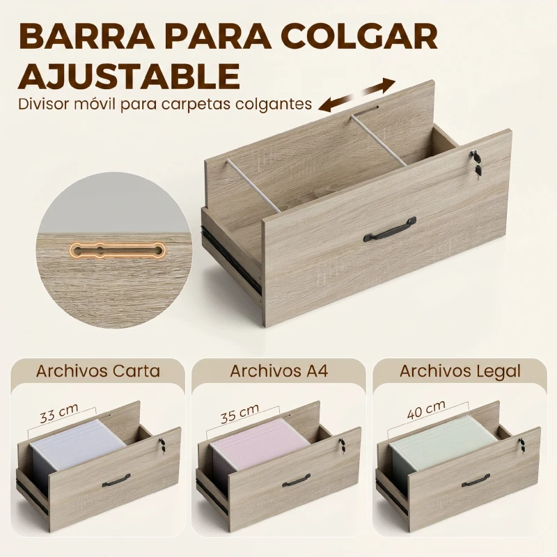 HOMCOM Mueble Archivador con Estantería 2 Cajones Encimera para Impresora Cerradura para A4 Letter Legal Roble