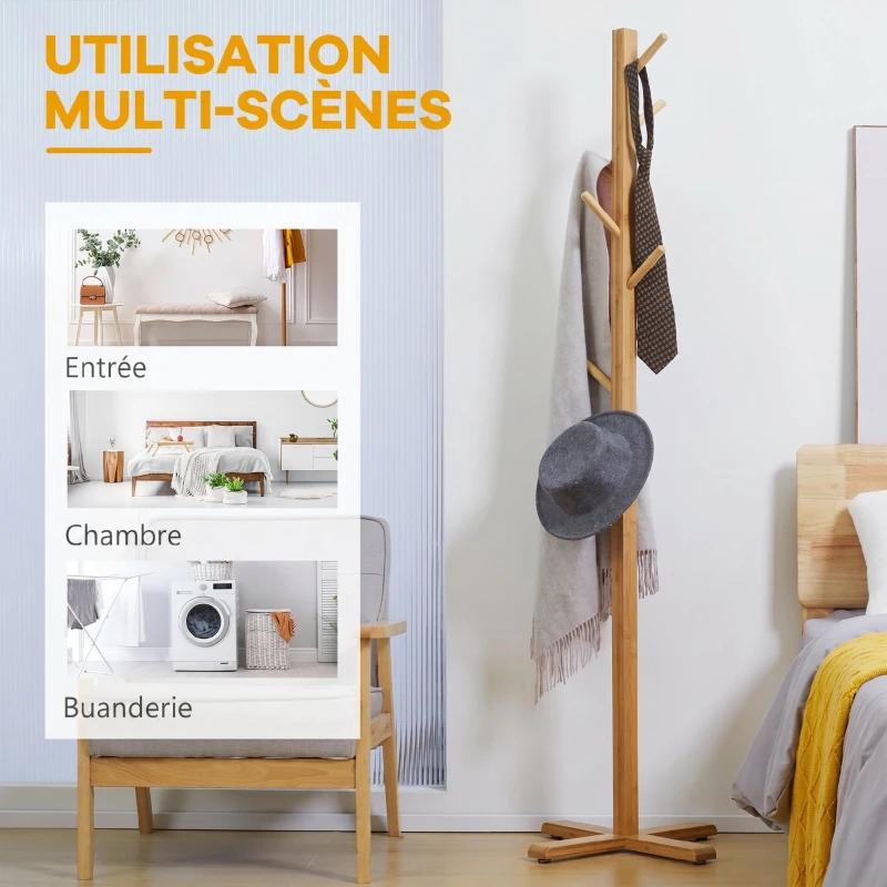 HOMCOM Portemanteau en bambou, portant à vêtements avec 8 patères, pour couloir, chambre, buanderie, bois naturel