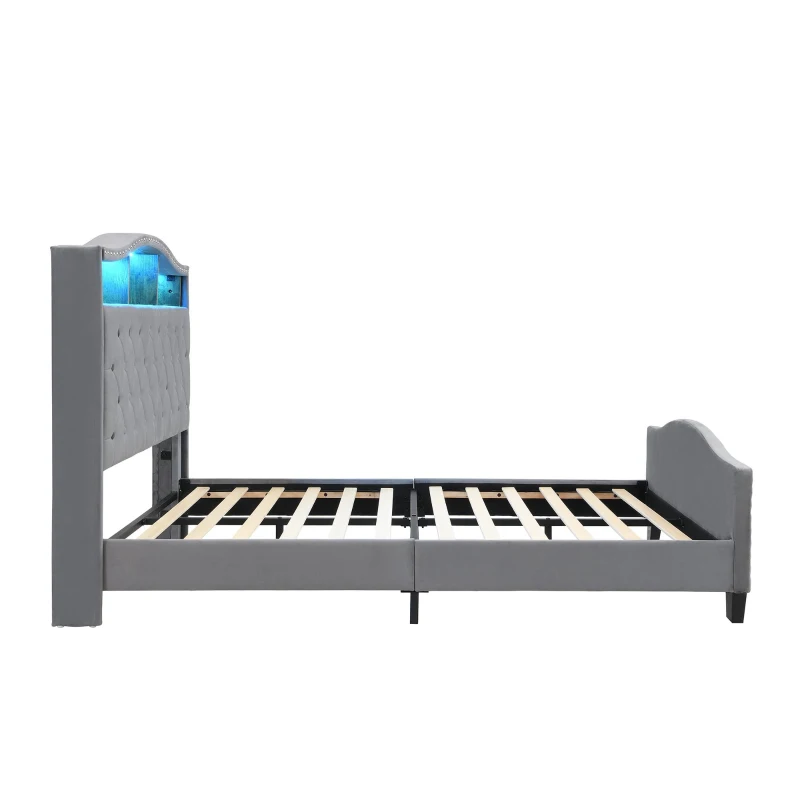Upholstered 4ft6 Double Bed with Built-in Bedside Storage, Sturdy Storage Bed with Colourful LED Light Strip, 210L x 140.5W x 124H cm, Grey