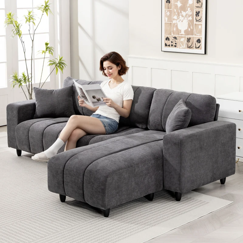 HOMCOM Sofá Chaise Longue Reversible de 3 Plazas 2 Almohadas Tapizado en Lino Marco de Acero 242x156x87 cm Gris Oscuro