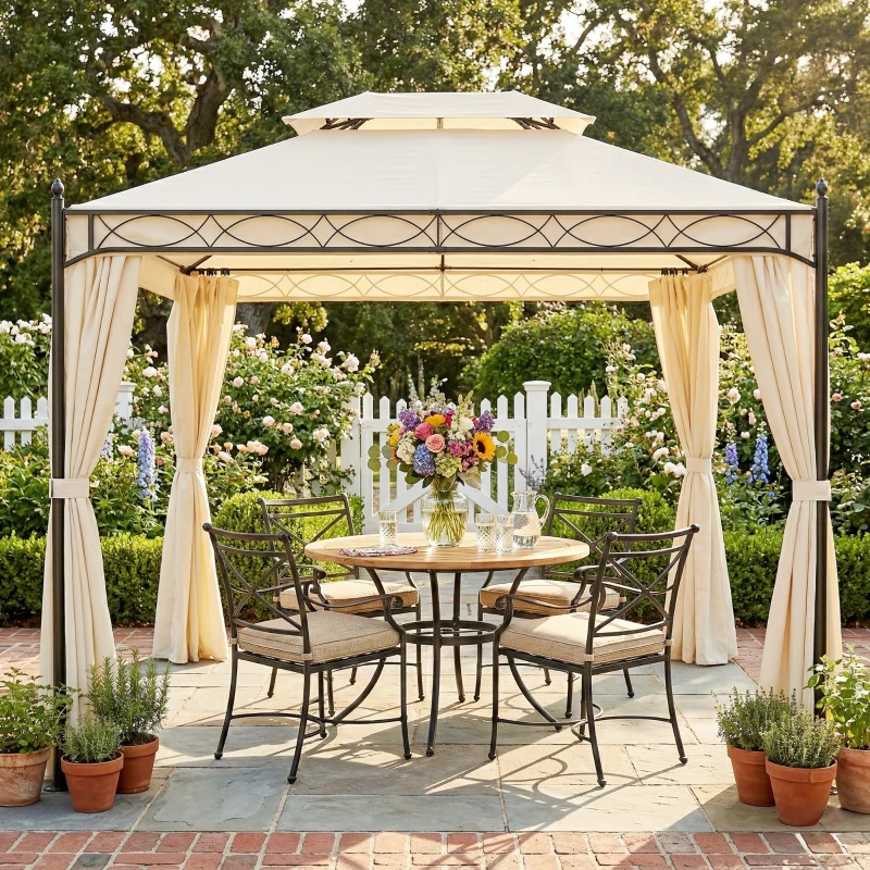 Outsunny Pérgola de Jardim 4x3 m com Telhado Duplo 4 Cortinas Estrutura de Aço 8 Orifícios de Drenagem Anti-UV Creme