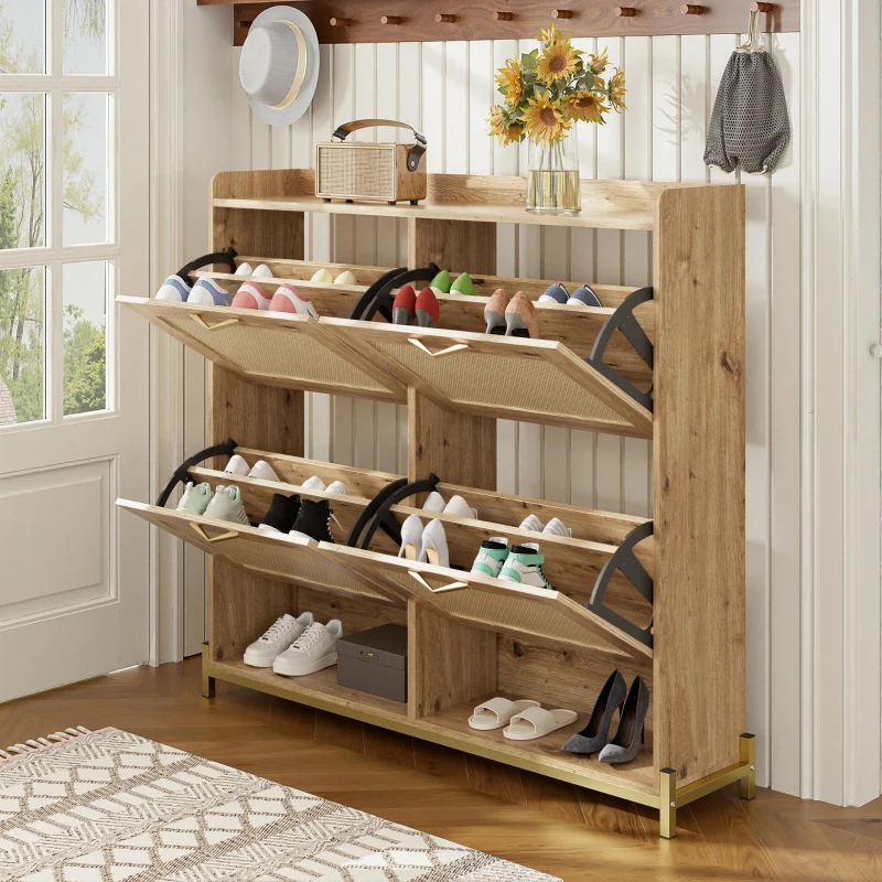 Modern Shoe Cabinet with Space-Saving 4-Door Design, Sturdy Storage Cabinet with Metal Frame and Top Shelf, 108.5L x 24W x 100H cm, Natural