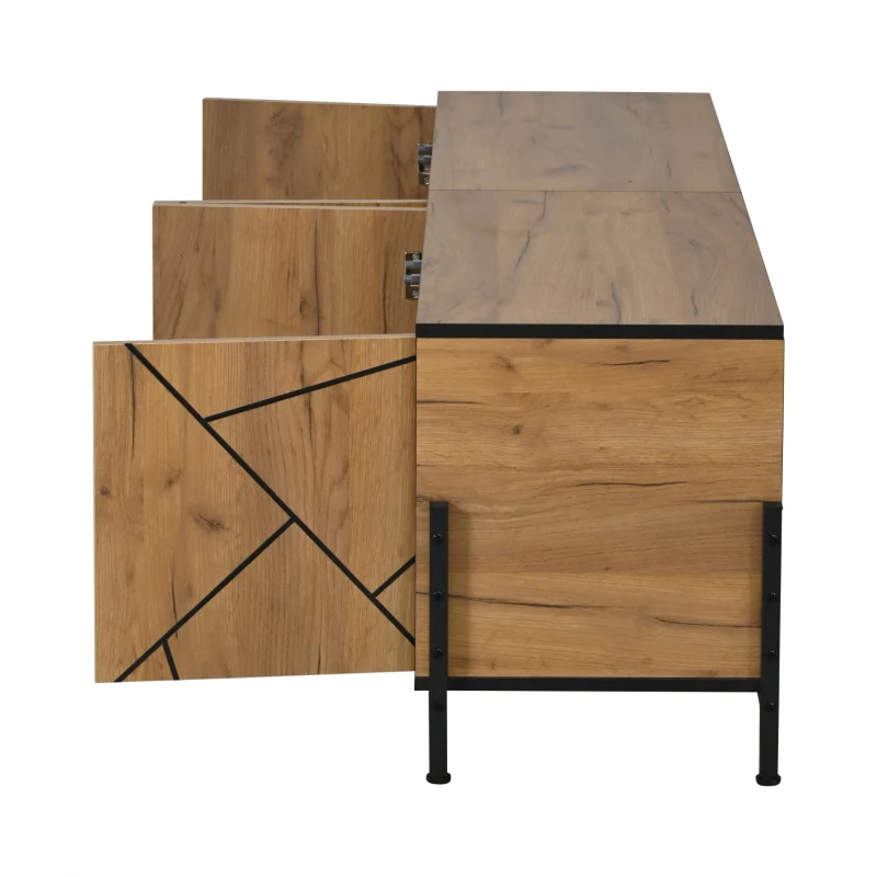 Geometric Wood TV Stand with Bold Geometric Doors, Modern Industrial Unit with Adjustable Shelves, 153L x 40W x 50H cm, Rustic Brown