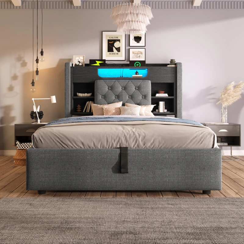 Upholstered Linen Bed Frame with Ambient LED Lighting, 4ft6 Double Bed with Hydraulic Under-Bed Storage, 213L x 143W x 115H cm, Grey