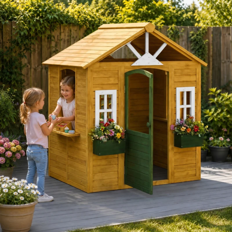 AIYAPLAY Outdoor Kids Playhouse, Wooden Wendy House with Door, 3 Windows, 2 Flower Boxes for Garden, Indoor Playroom