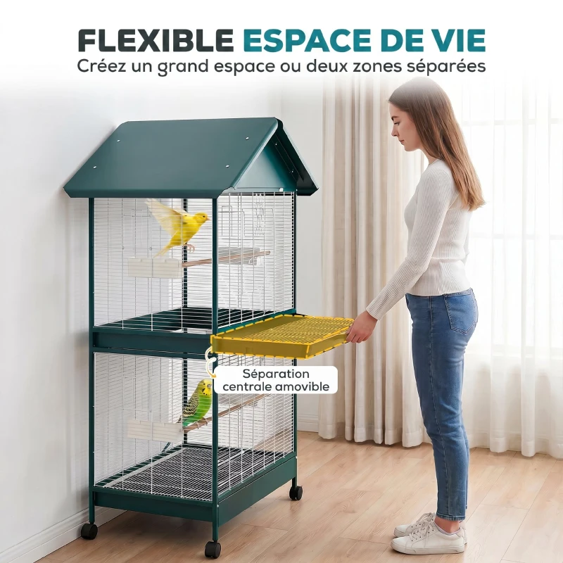 PawHut Cage à oiseaux sur roulettes avec séparateur amovible, 4 mangeoires et 2 perchoirs, 2 plateaux coulissants, 94x70x158cm