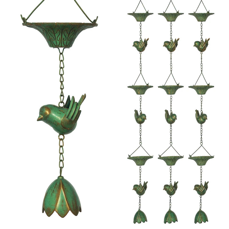 Outsunny 3-delige Metalen Regenketting 123cm met Kolibries, Bloemschalen en Lotusklok, Groen