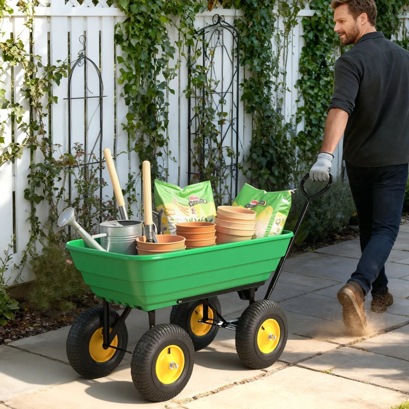 Outsunny Carro de Jardín Inclinable hasta 75° con Mango Ajustable y 4 Neumáticos Capacidad Max.75 L Acero 109x52x94 cm Verde