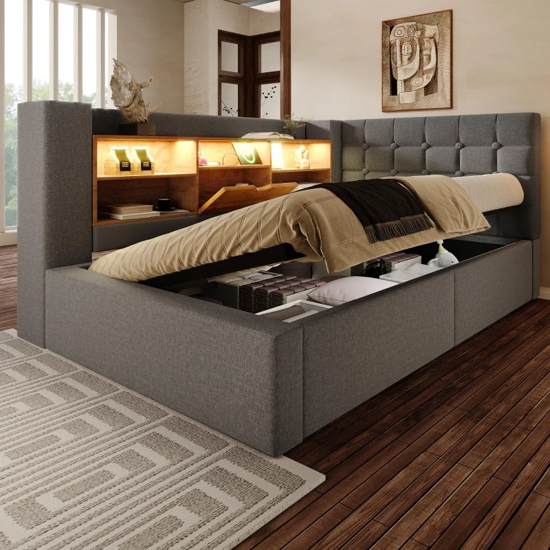 Upholstered Single Bed with Interchangeable L‑shaped Headboard, Stylish Linen Bed Frame with Hydraulic Storage, 203L x 108W x 86H cm, Grey