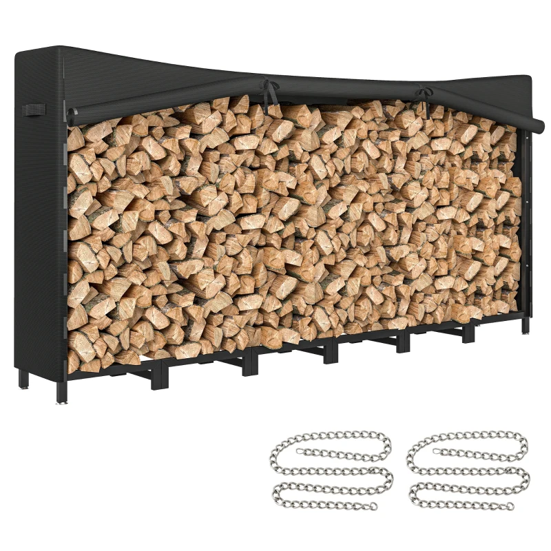 Outsunny Suport pentru Lemne de Foc din Metal cu Prelată Impermeabilă, Capacitate 0.8m³, Cadru Reglabil, 235 x 31 x 116 cm, Negru