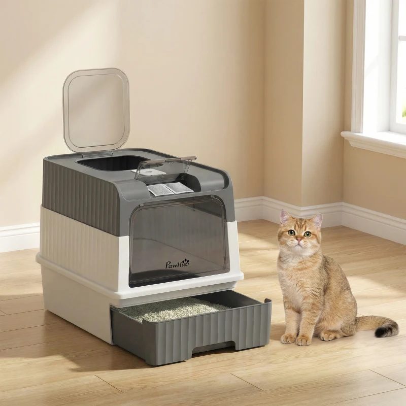PawHut Casa de Banho para Gato com Tampa, Entradas, Tabuleiro Deslizante, Pá, Sacos Desodorizantes, 48x35x36cm, Cinza