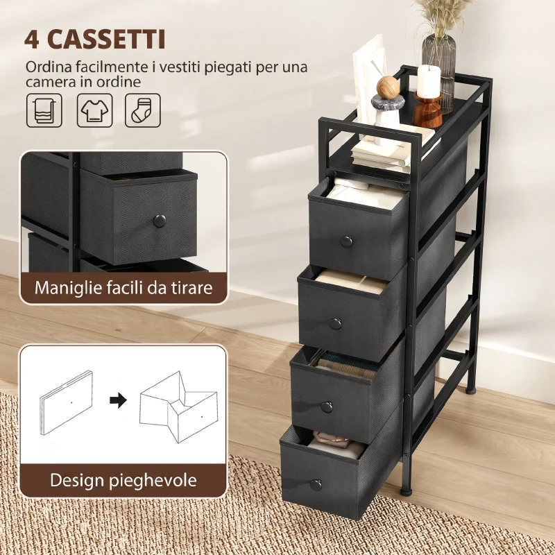 HOMCOM Cassettiera in Tessuto Slim Salvaspazio con 4 Cassetti, Telaio in Acciaio per Camera da Letto, Soggiorno, Nero