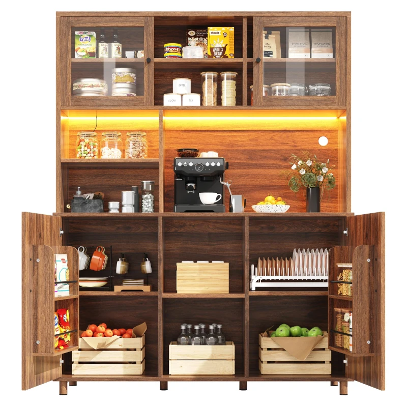 Tall Cabinet with Silent Sliding Toughened Glass Doors, Dining Room Sideboard with Metal Construction, 140L x 40W x 185H cm, Walnut Brown
