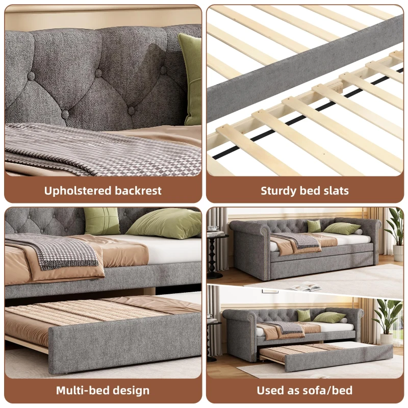Upholstered Single Daybed Sofa Bed with Sturdy Slatted Base, Convertible Bed-to-Sofa with Padded Velvet Headboard, 221L x 98.5W x 71.5H cm, Grey