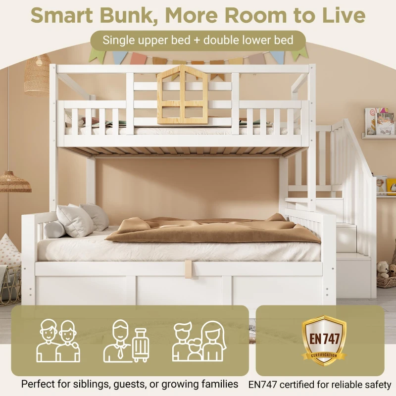 Twin Over Full Bunk Bed with Solid Pine and MDF Construction, Wooden Cabin Bed with Hydraulic Under-Bed Storage, 243L x 144W x 172H cm, White