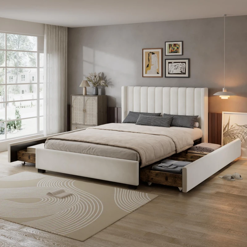 Upholstered Double Bed with Soft Padded Headboard, Practical Storage Bed with Smooth Castors, 200L x 142W x 118.5H cm, Beige