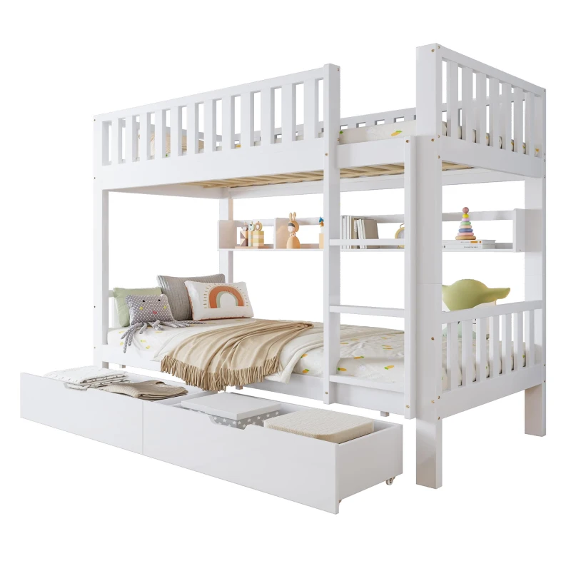Space‑Saving Children's Bunk Bed with Safe Three-Step Ladder, Versatile Storage Bed with Under-Bed Sliding Drawers, 198L x 98W x 152H cm, White