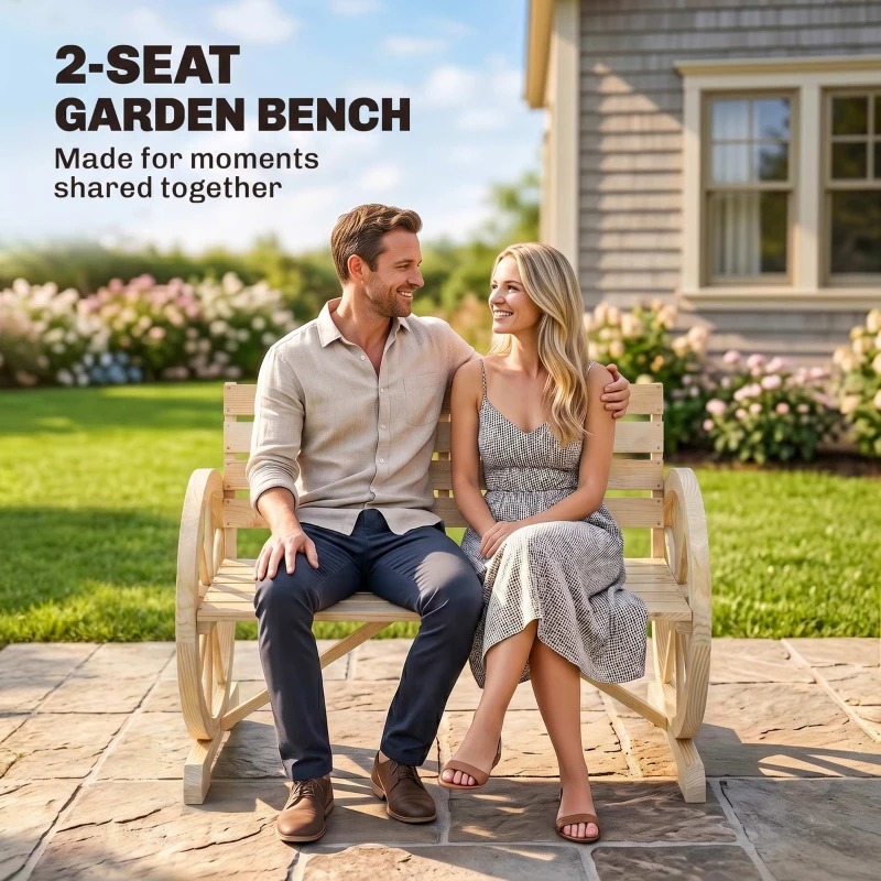 Outsunny Banc de Jardin banc 3 places en bois Style Rustique Chic accoudoirs Roues Charette Bois Sapin effet bois naturel