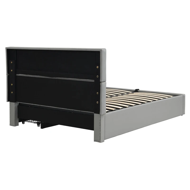 Elegant Upholstered Bed with Hydraulic Lift, Sturdy Storage Bed with 3 Storage Drawers, 202L x 148W x 100H cm, Grey
