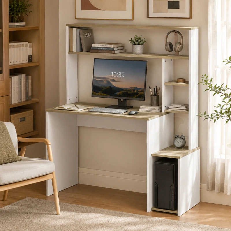 HOMCOM Scrivania per computer con ripiani, supporto monitor e CPU, 114x45x138 cm, bianco e legno
