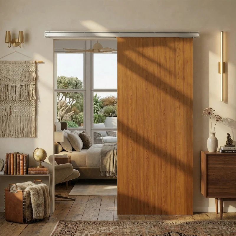 HOMCOM Puerta Corredera con Herrajes 90x210 cm con Rodillo Riel de Aluminio Guía de Suelo Marrón