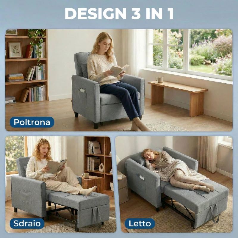 HOMCOM Poltrona Letto Pieghevole Convertibile con Schienale Regolabile e Cuscino, Grigio