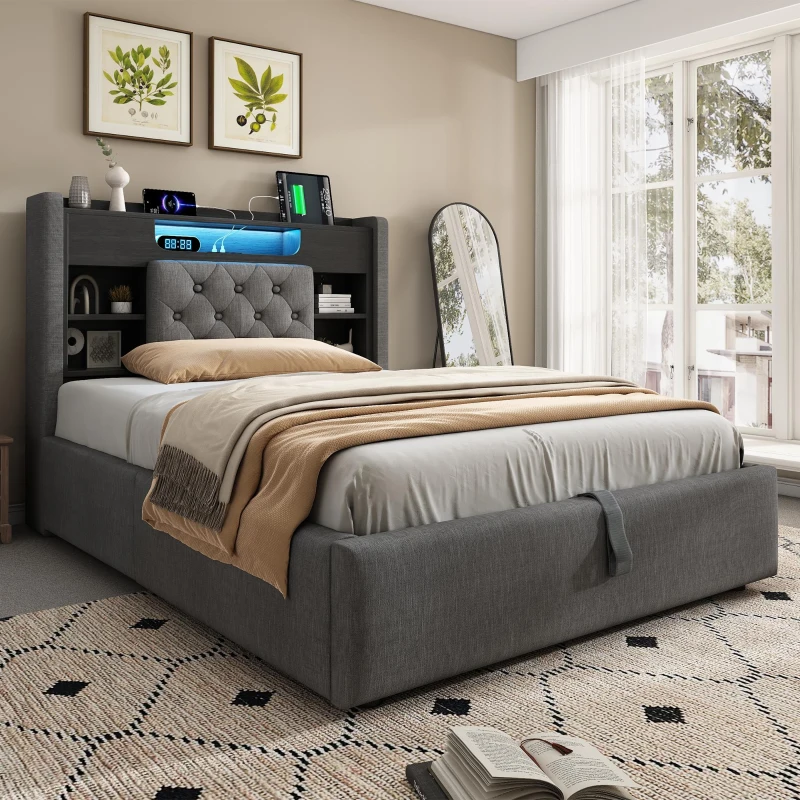 Upholstered Linen Bed Frame with Ambient LED Lighting, 4ft6 Double Bed with Hydraulic Under-Bed Storage, 213L x 143W x 115H cm, Grey