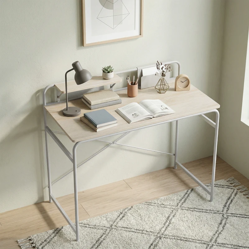 HOMCOM Mesa de Escritorio Moderno con Estante y Estructura de Metal Fácil Montaje 98x48x88,5 cm Roble