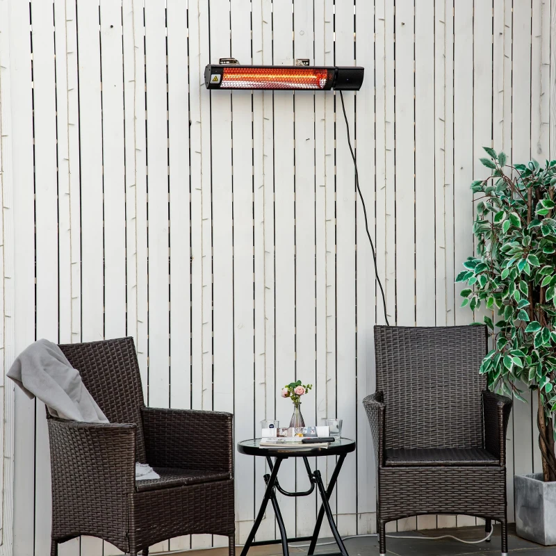 Outsunny Calefactor Exterior de Pared 1000/2000W Calefactor Eléctrico de Baño por Infrarrojo con Mando a Distancia 2 Niveles de Calor Ángulo Ajustable Protección IP55 Aluminio 67,5x10,5x7 cm Negro