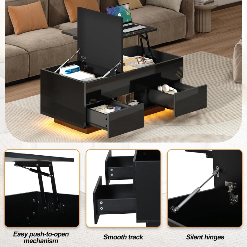 Lift-Top Coffee Table with App-Controlled RGB LED Lights, High-Gloss Center Table with Hidden Compartment, 100L x 45W x 43H cm, Black