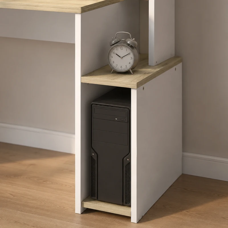 HOMCOM Bureau Informatique, 114 x 45 x 138 cm, Bureau avec Rangement, Étagères Ouvertes et Support UC, Blanc et Bois Naturel