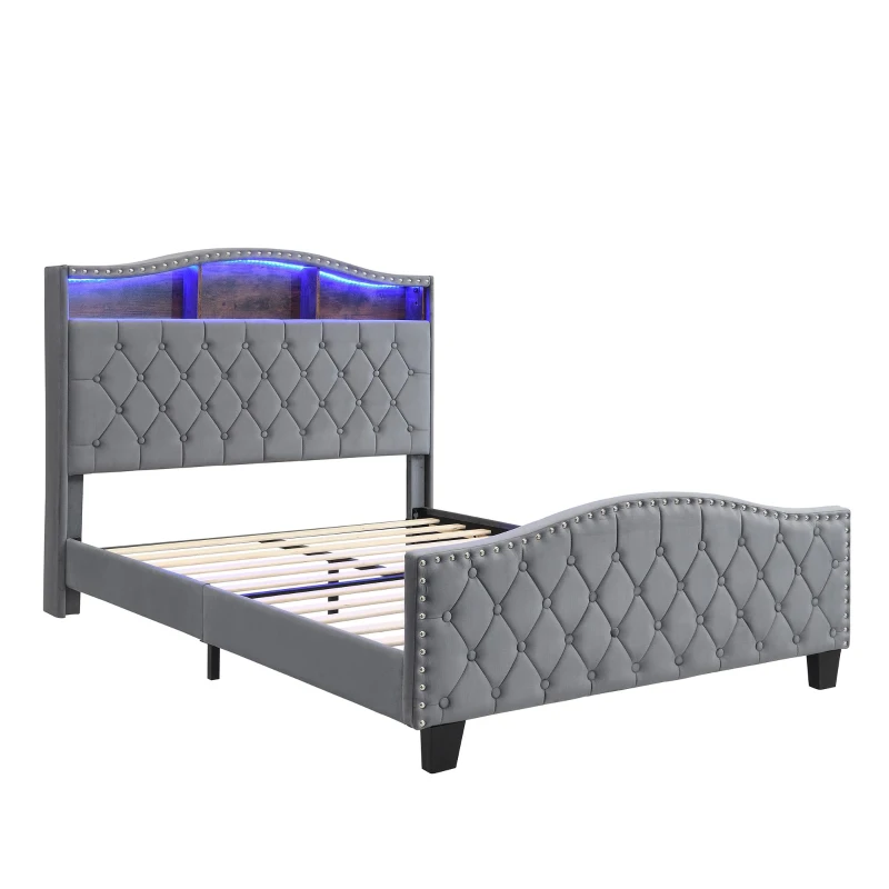 Upholstered 4ft6 Double Bed with Built-in Bedside Storage, Sturdy Storage Bed with Colourful LED Light Strip, 210L x 140.5W x 124H cm, Grey