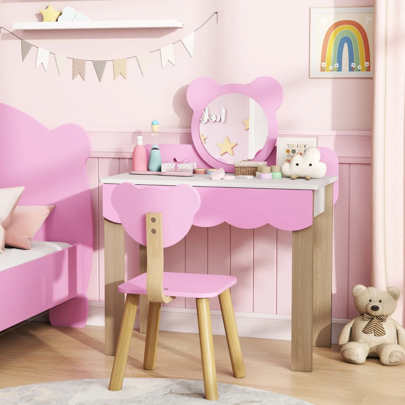 AIYAPLAY Frisiertisch-Set mit Hocker für Kinder, Schminkspiegel, Bärchenform, Schublade, MDF, Rosa