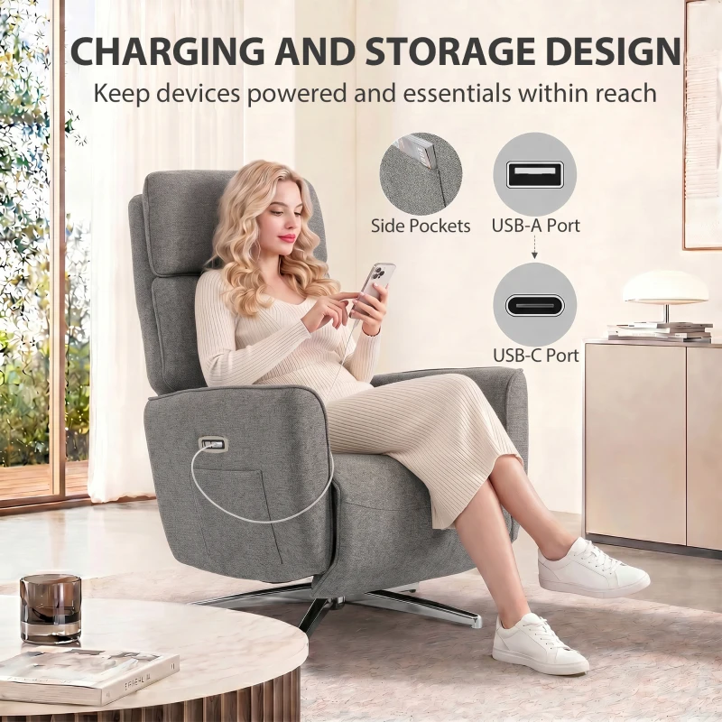 HOMCOM Fauteuil Relax Électrique Pivotant 360°, Fauteuil Inclinable avec Appui-Tête Réglable, Ports USB, Tissu en Lin, Gris