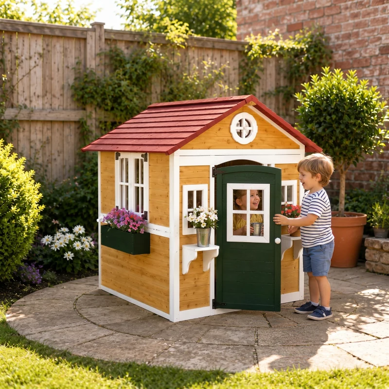 Outsunny Wooden Playhouse with Doors, Windows, Plant Pots, Boxes, for 3-8 Years - Beige