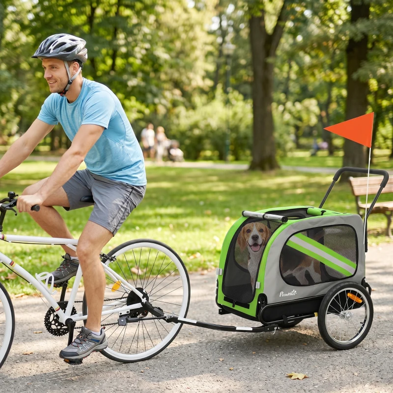 PawHut Rimorchio per bici per cani 2 in 1, pieghevole con cintura e riflettori, verde