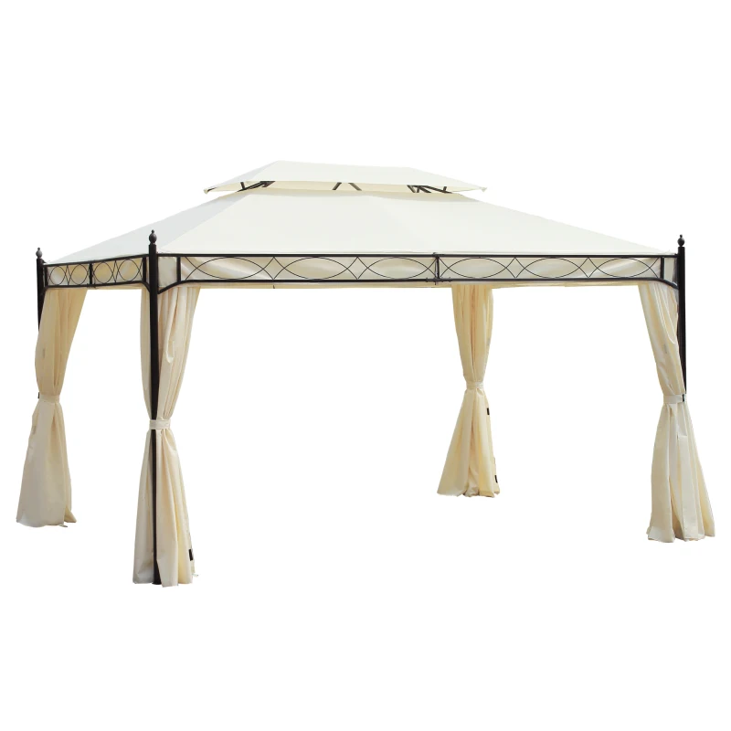 Outsunny Pérgola de Jardim 4x3 m com Telhado Duplo 4 Cortinas Estrutura de Aço 8 Orifícios de Drenagem Anti-UV Creme