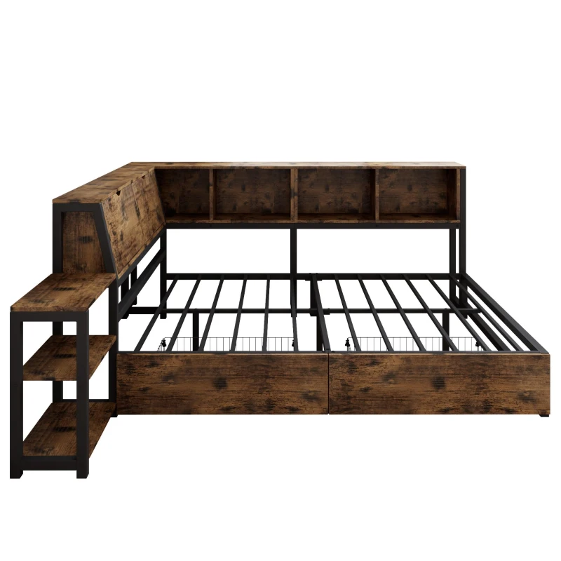 Classic Double Bed with Two Underbed Drawers, Sturdy Storage Bed with Built‑In Bedside Storage, 200L x 136.5W x 85H cm, Rustic Brown