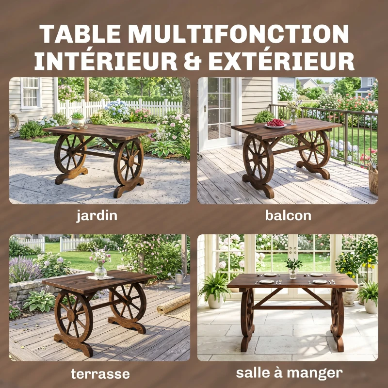 Outsunny Table Basse de Jardin Style Rustique Chic piètement Roues Charette Bois Sapin traité carbonisation