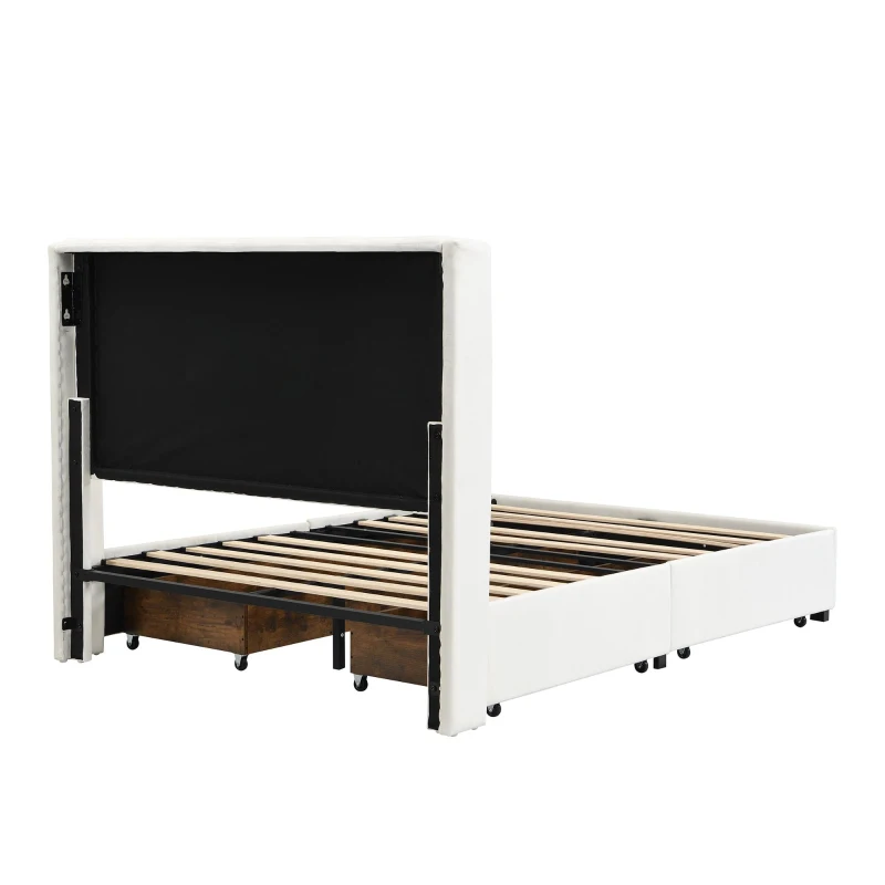 Upholstered Double Bed with Soft Padded Headboard, Practical Storage Bed with Smooth Castors, 200L x 142W x 118.5H cm, Beige