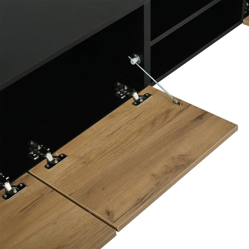 Modern Geometric TV Cabinet with Herringbone Fronts, Industrial-Style TV Stand with Solid Wood Legs, 180L x 33.5W x 45H cm, Black+Oak