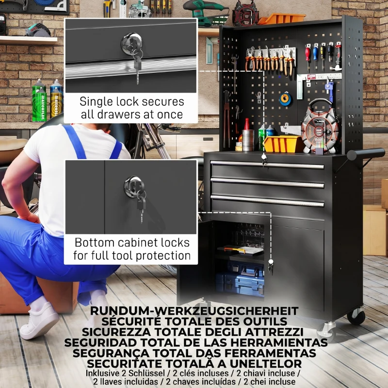 HOMCOM Cărucior de Scule din Oțel cu Blat de Lucru, 3 Sertare, Dulap, Panouri Perforate, Roți, Negru