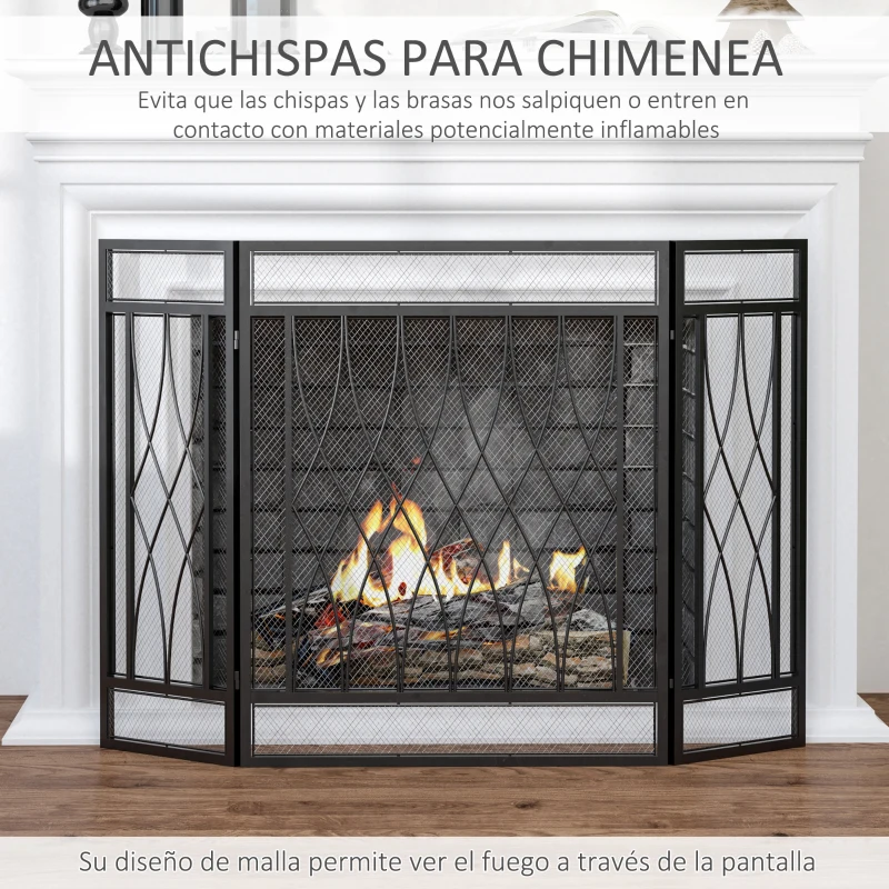 HOMCOM Pantalla Protectora de Chimenea Plegable de 3 Paneles con Bisagras y Estructura de Metal Decorativa 126x3x80 cm Negro