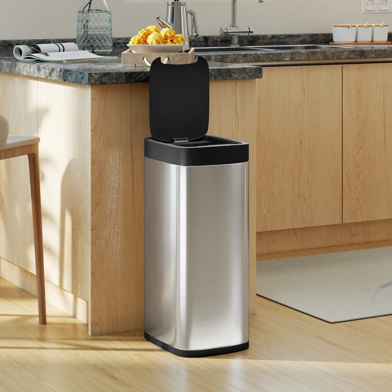 HOMCOM Automatischer Küchenmülleimer 50 L, Mülleimer mit Bewegungssensor, batteriebetrieben, 26,5x35,5x68cm, Silber