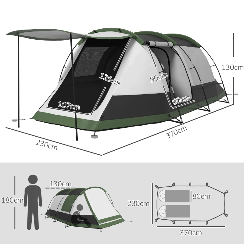 Outsunny Tente de camping familiale 2 pers. - tente tunnel avec porche étanche 3000 mm ventilée facile à monter