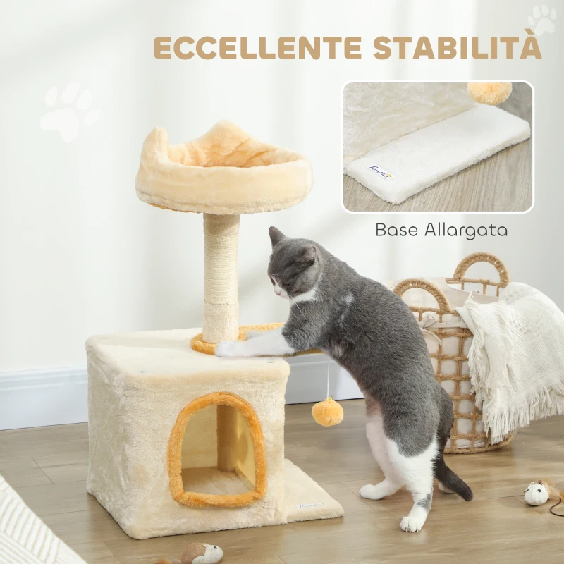 PawHut Albero Tiragraffi per Gatti con Posatoio e Casetta, in Legno, Peluche e Sisal, 40x30x72 cm, Beige e Giallo